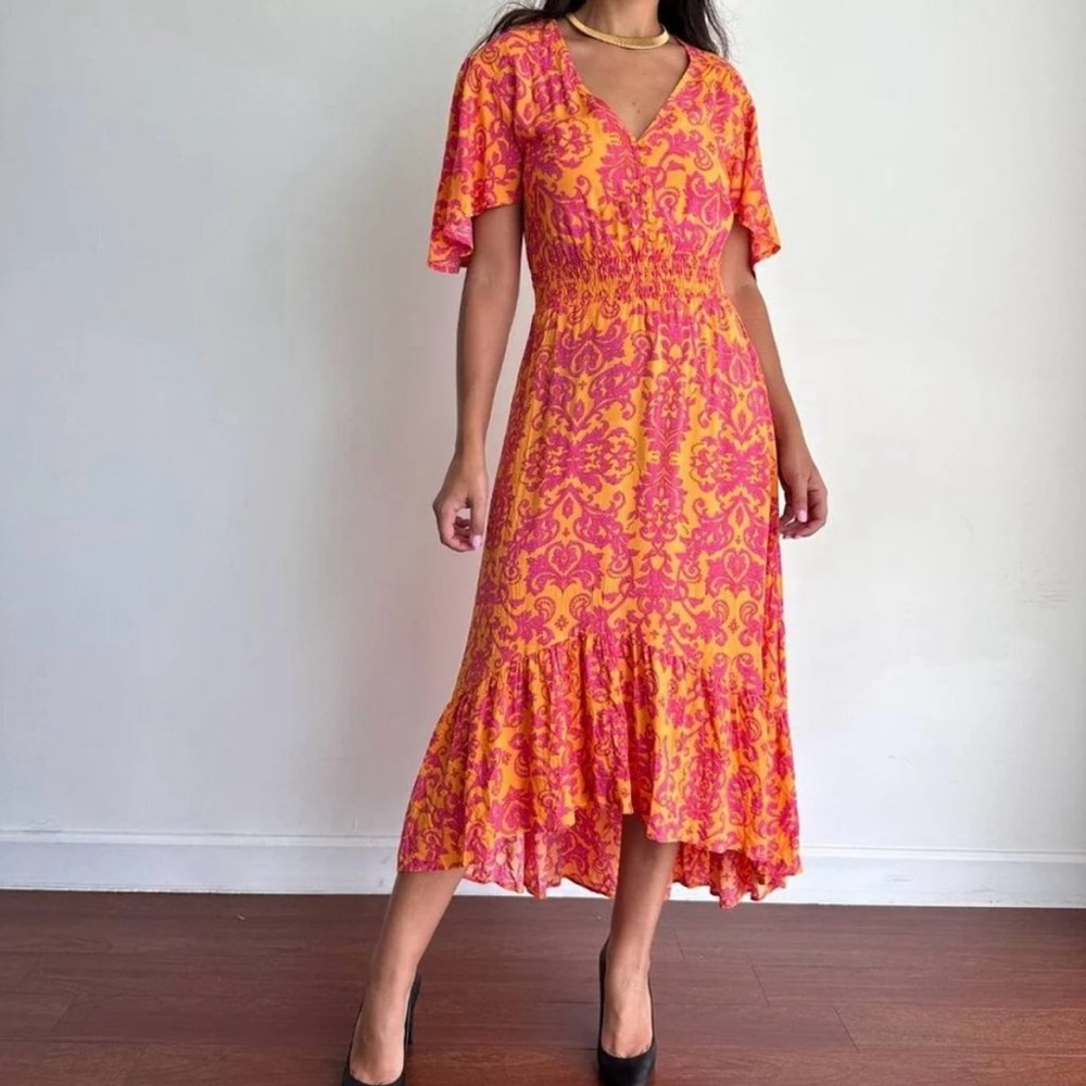 Elegant Pink and Orange High-Low Dress